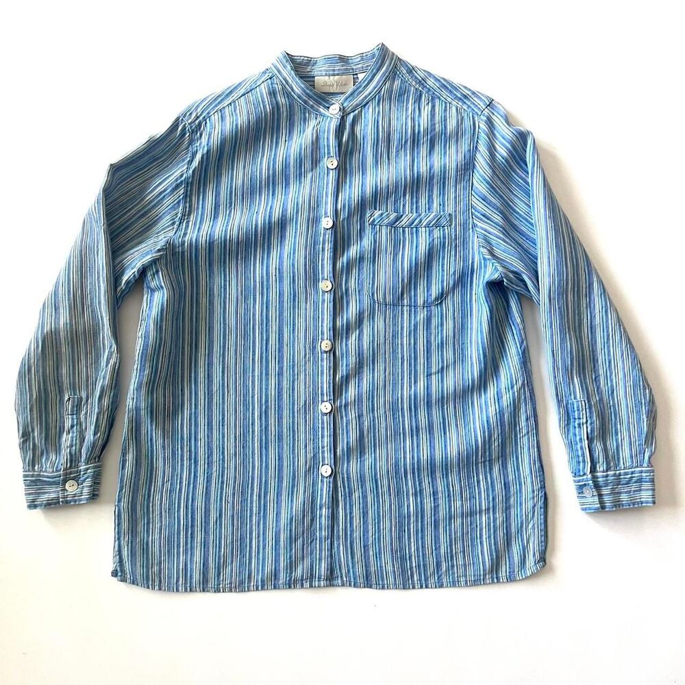 Blue striped linen button-up shirt with mandarin collar